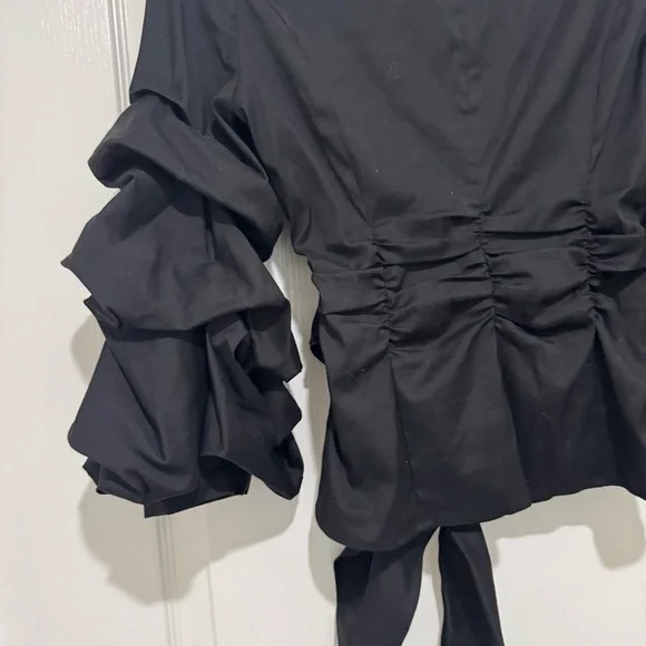 WHBM Ruffle Sleeve Black Blouse Waist Tie Size 2 - Picture 7 of 10